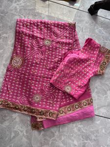 Pink &amp; Gold Embellished Saree