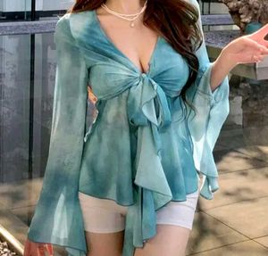 BLUE SHEER RUFFLE TOP FOR WOMEN