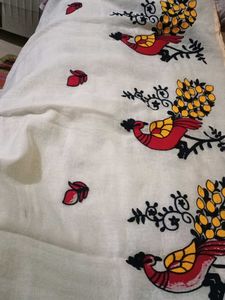 Elegant White Saree with Peacock Design