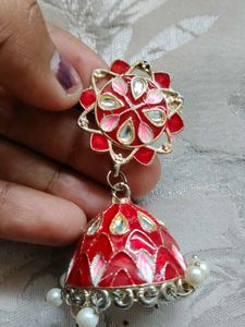 Red Enamel Jhumka Earrings