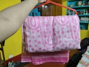 Pink &amp; White Paisley Polka Dot Saree