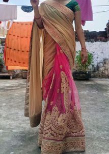 Elegant Beige & Pink Embroidered Saree