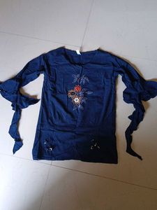 Blue Embroidered Bell Sleeve Top