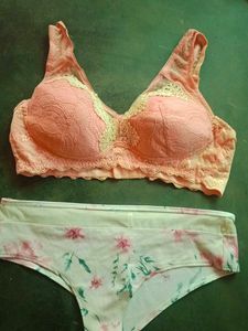 Peach Lace Bra N Panty Set.