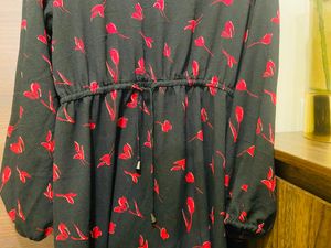 Black MIDI CHEMISTRY Dress With Vibrant Red Flower