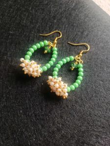 Green Beaded Hoop Earrings with Pearl Accents