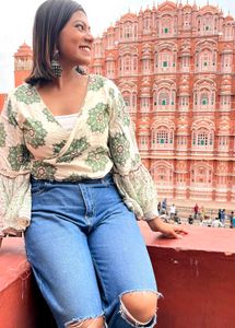White Green Printed Bohemian Wrap Top