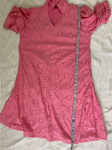 Pink Cotton Eyelet A-Line Dress with Puff Sleeves