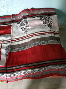 2 Combo Sarees-Red&Black&WhiteStripesJute+Rust&Bla