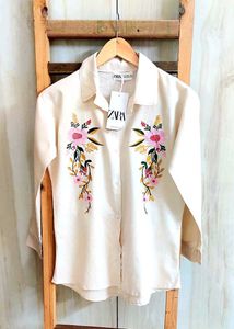 Baige Colour Embroidery Work Cotton Shirt Size-36