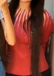 Red embellished long sleeve top