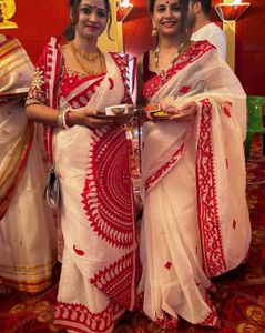 ❤️ Bengali Saree from Kolkata – Beige with Red Bor