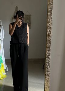 Vintage Printed Jacquard Black Waist Coat
