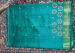 Teal Saree with Gold Floral Accents