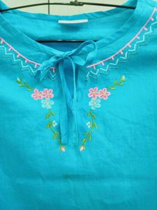 Embroidered Teal Top with Tie Neck