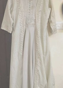 Beige Dress With Embroidered Jacket Maxi Suit