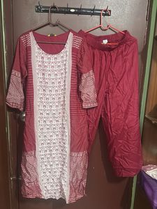 Maroon & White Printed Pant Set