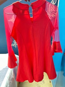 Dark Pink Fit &amp; Flare Dress with Sheer Sleeves