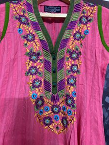 Party Wear Carrot Colour Cotton Anarkali With Embroidery &amp; Lace And Green Dupatta