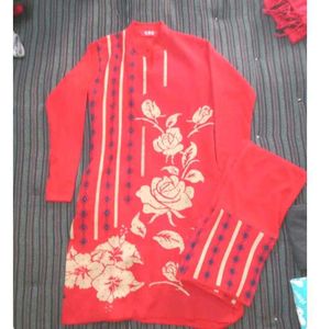 Red Floral Print Two-Piece Set Woollen