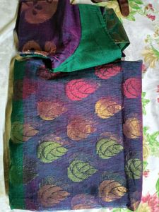 Purple &amp; Green Leaf Print Saree