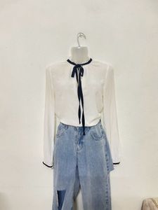 H&amp;M CREPE BLOUSE TOP SHIRT WHITE BLACK YOKE