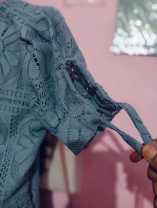 Blue Lace Tie-Sleeve Top