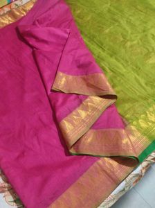 Pink And Green Silk Cotton Saree