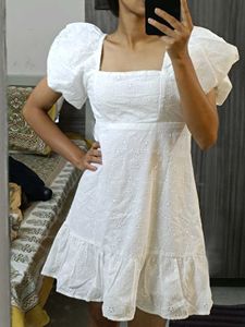Westside White Square Neck Dress With Bow Cutout