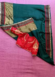 Stylish Green Saree with Red Blouse
