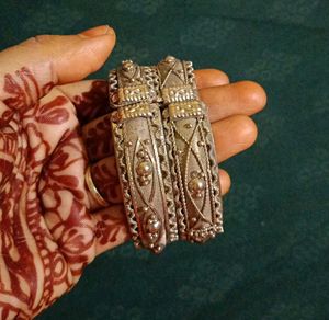Golden Bangles And Silver Bracelet Set