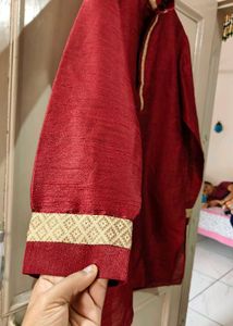 Gold Sleeveless Jacket With Rad Kurta &amp; Pajama