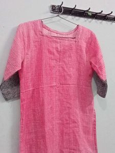 Pink Black Synthetic Cotton Girls Kurta