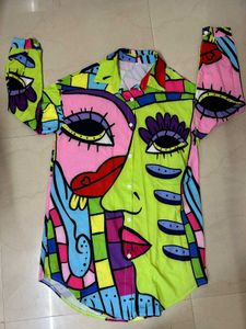 Abstract Face Print Button-Down Shirt