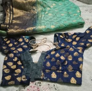 Blue & Gold Sari With Designer Blouse