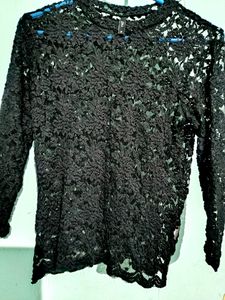 Round Neck Lace Top- Black