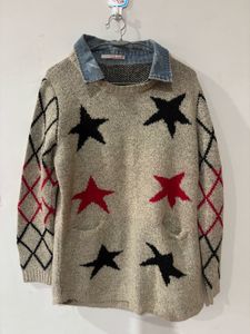 Wool Sweater With Denim Collar