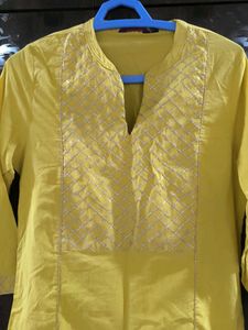 Yellow Kurti With Golden Lace Detailing