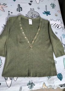 Olive Green Ribbed Button-Front Top