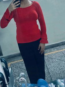 Price Drop Red  Top With Flairs Sleeves Stonework