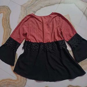 Pink &amp; Black Lace Trim Blouse