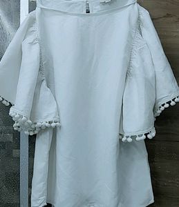 White Top And Umbrella Sleeves With White Pompom Border/ball Fringe And Cotton Material