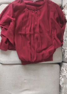 Maroon Chiffon Blouse with Floral Detail