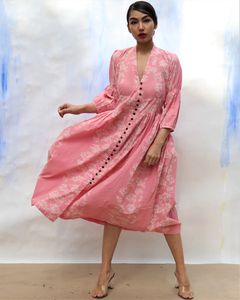 Pink Handprinted Front Open Pure Cottton Dress