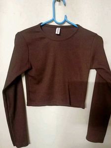 Coffee Brown Ribbed Fitted Crop Top