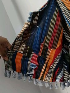 Striped Cold Shoulder Tassel Top