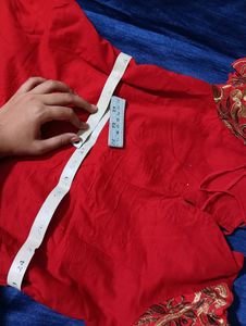 Red Frock Suit With Dupatta (Emoidred)&amp;( cotton)