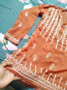 Rust Embroidered Kurti Chikankari