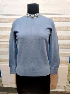 Elegant Pearl Embellished Blue Sweater
