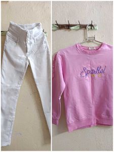 Combo Of White Jeans And Baby Pink Crop Top